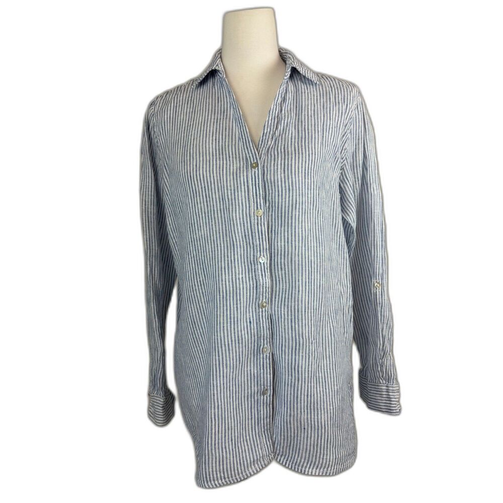 Calypso St. Barth 100% Linen Button Up Stripe Shirt Womens Size M Coastal Vaca